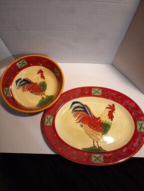 Sakura Rooster Serving Platter & Bowl in Red, Cream and Blue